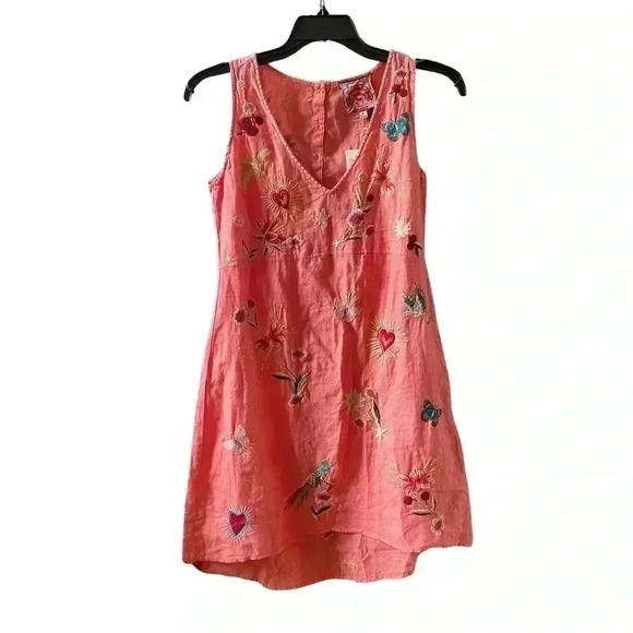 Johnny Was Adara Linen V Neck Coral Embroidered Tank Dress Size XXS/XS - Picture 3 of 16
